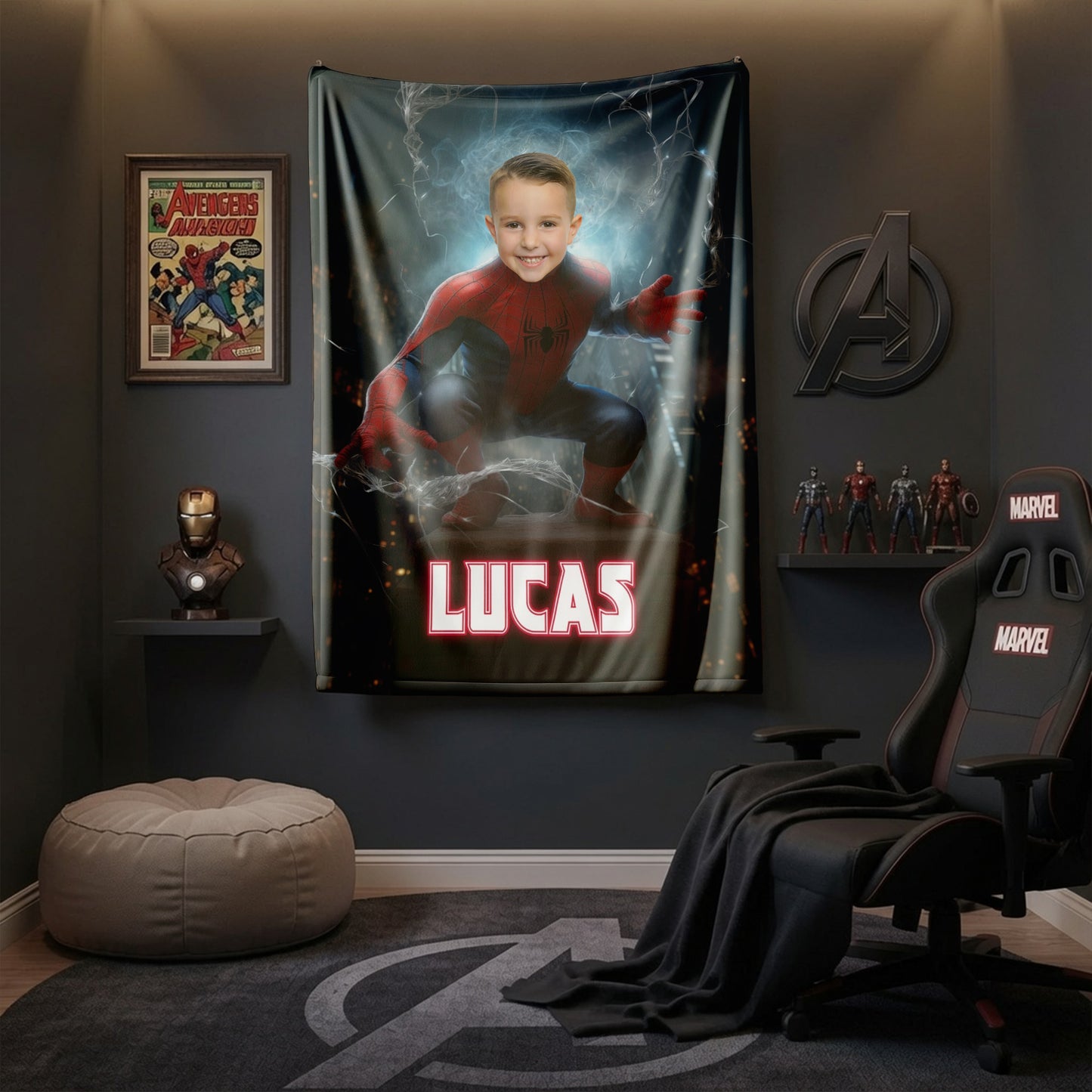 Personalized Spider Superhero Night Action Photo Blanket for Kids