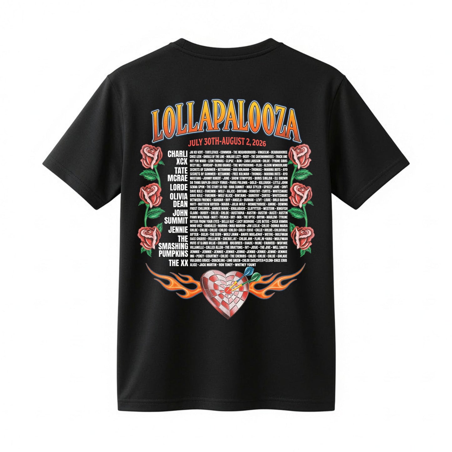 Lollapalooza 2026 Heart & Roses Festival Lineup T-Shirt - Chicago Concert Tee