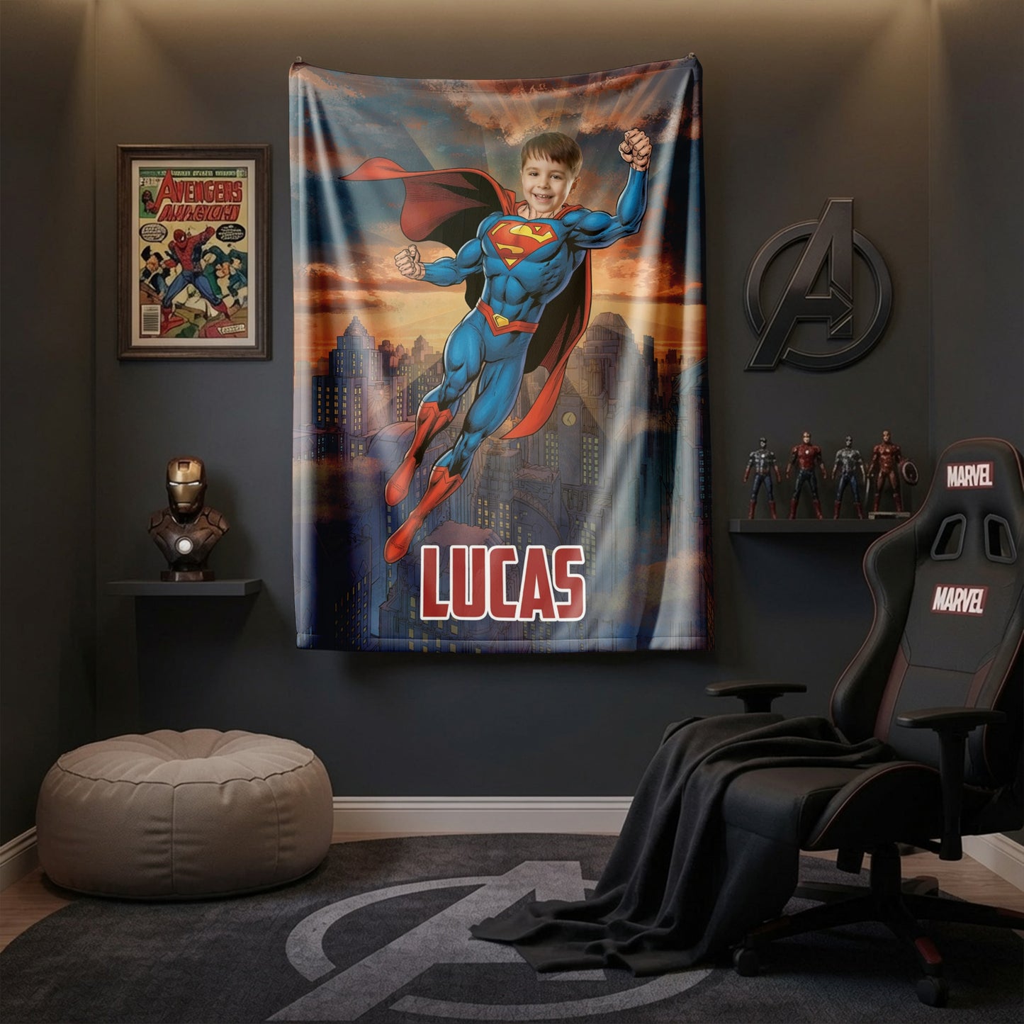 Personalized Superhero Flying Photo Blanket for Kids – Custom Face & Name Fleece Throw Gift