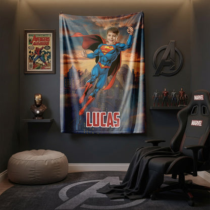 Personalized Superhero Flying Photo Blanket for Kids – Custom Face & Name Fleece Throw Gift