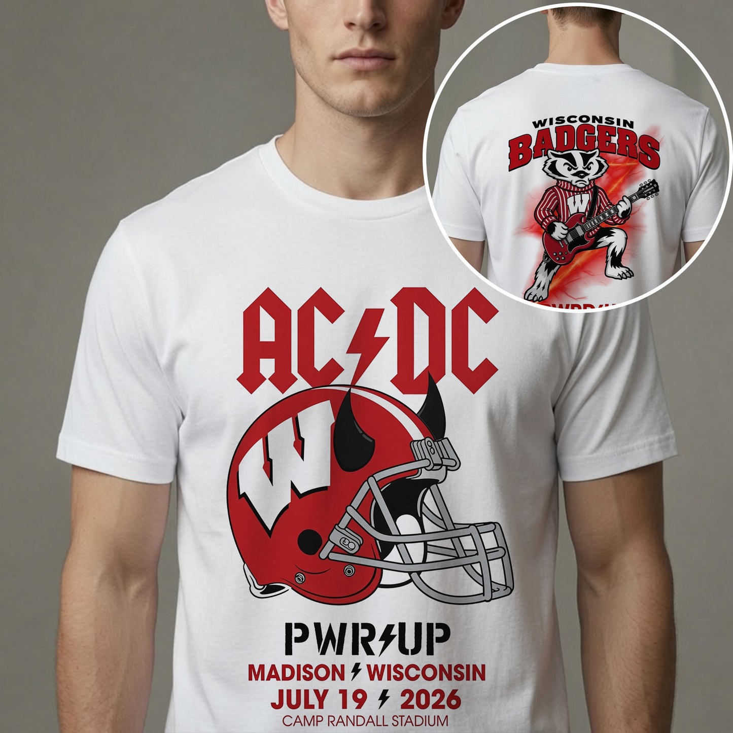 AC/DC Wisconsin Badgers Guitar Mascot Power Up Wisconsin 2026 T-Shirt