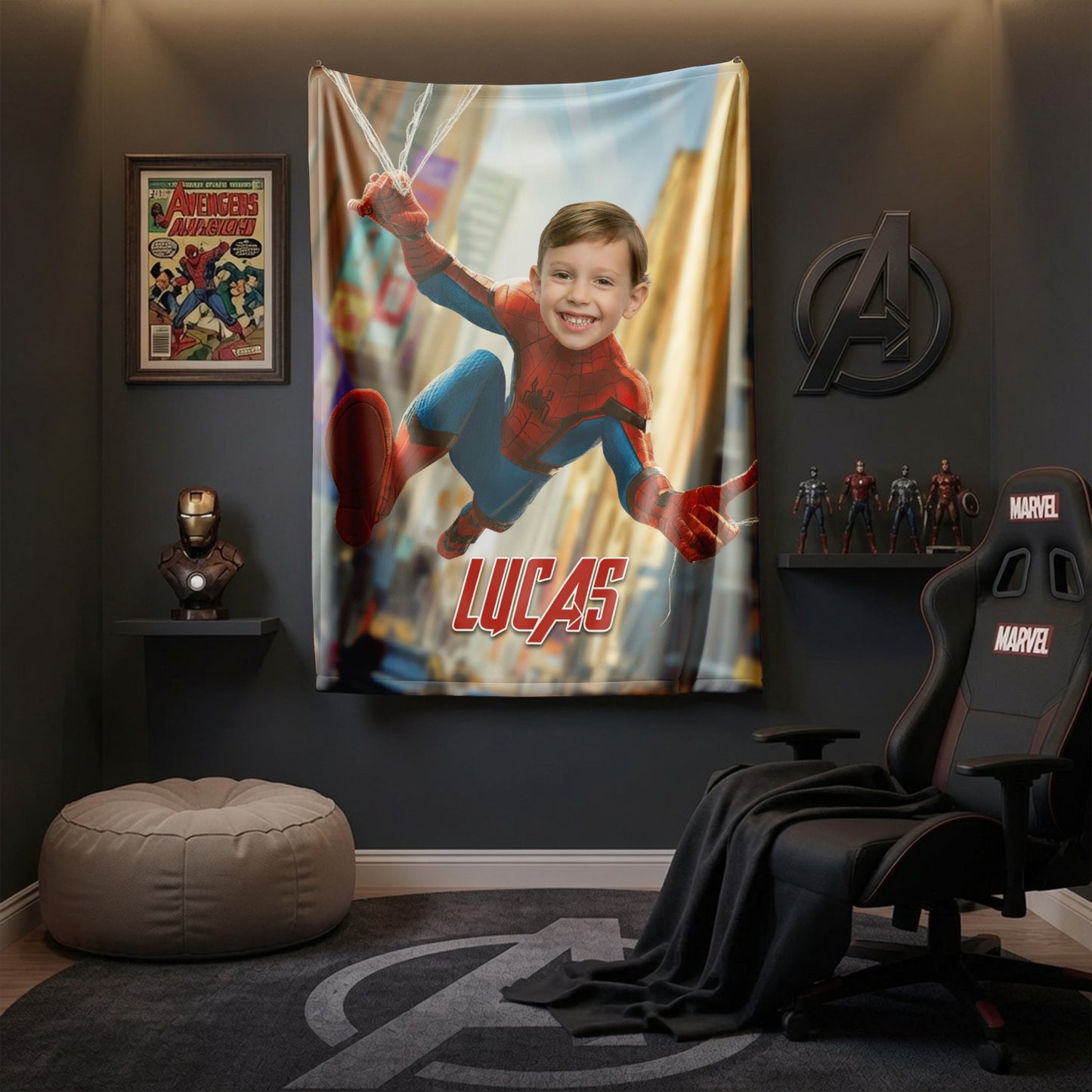 Personalized Spider Superhero Web-Swing Photo Blanket for Kids