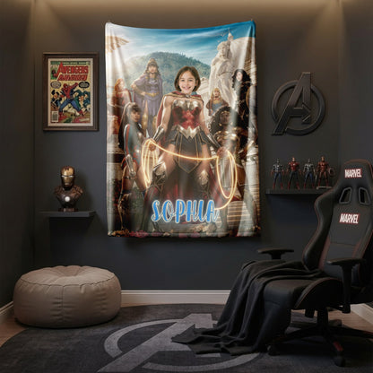 Personalized Wonder Woman Blanket Custom Photo Superhero Throw Blanket for Girls