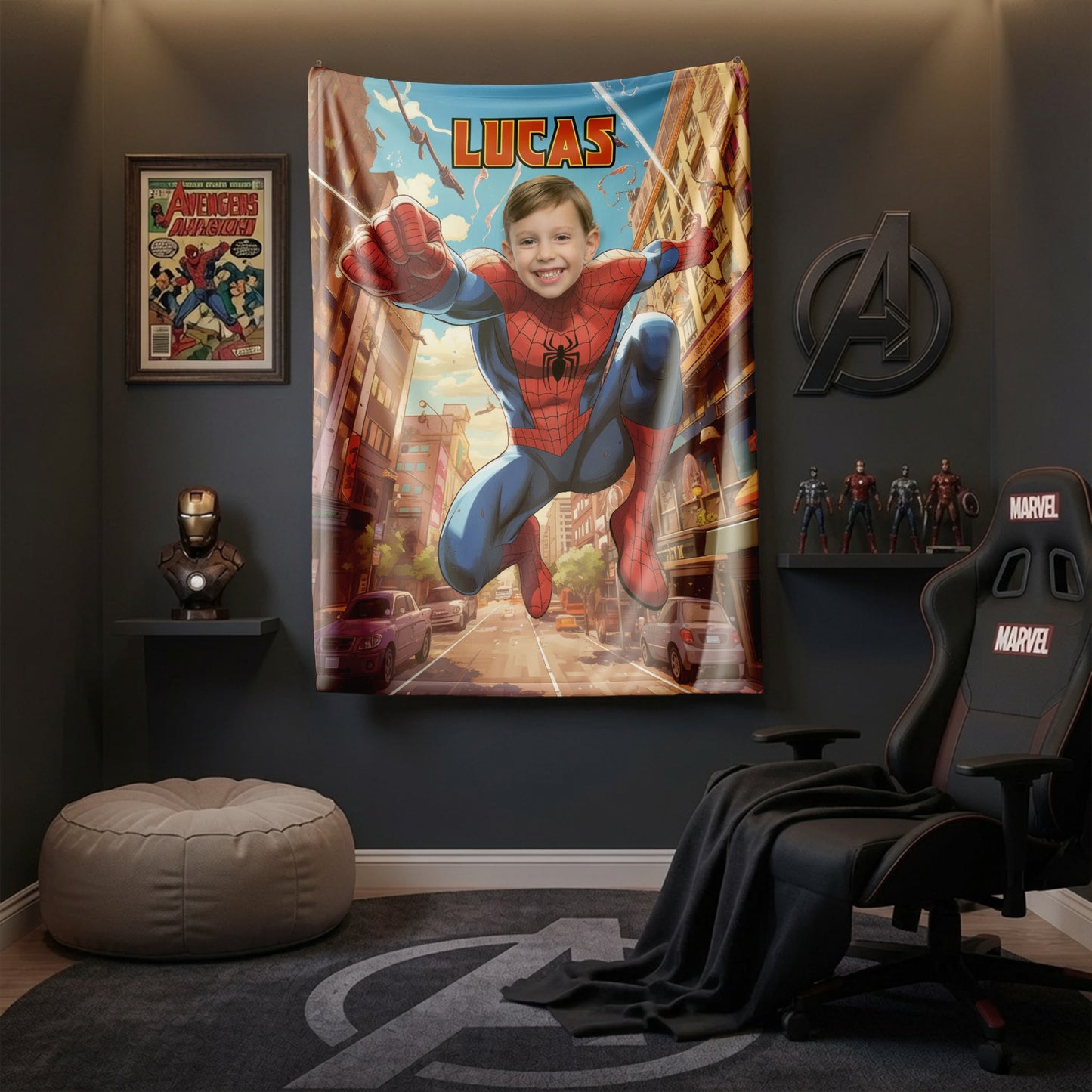 Personalized Spider Superhero Flying Photo Blanket for Kids – Custom Face & Name Fleece Throw Gift