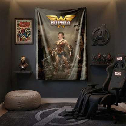 Personalized Wonder Woman Blanket Custom Photo Superhero Throw Blanket for Girls Kids