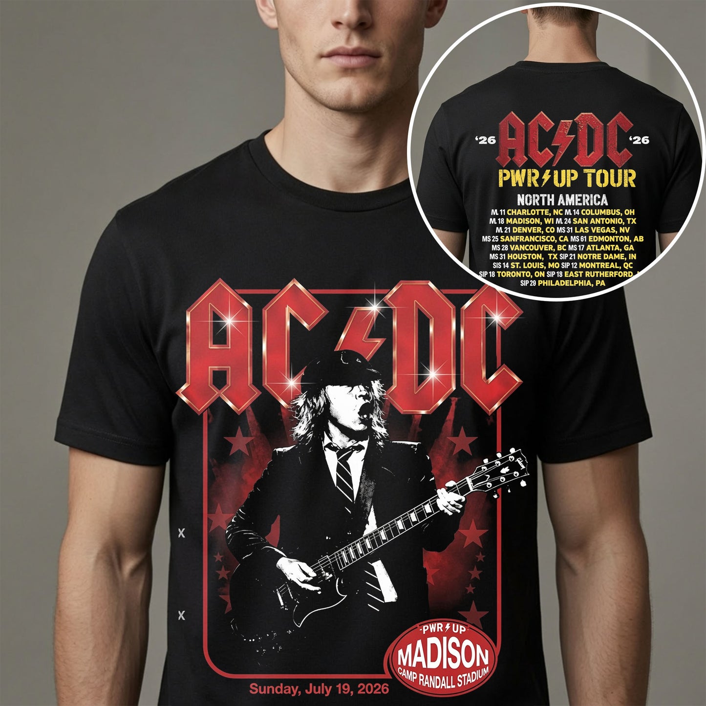 Vintage AC/DC Wisconsin Badgers Power Up Tour 2026 Madison Concert Shirt