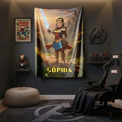 Personalized Wonder Woman Blanket Custom Photo Superhero Throw Blanket for Girls