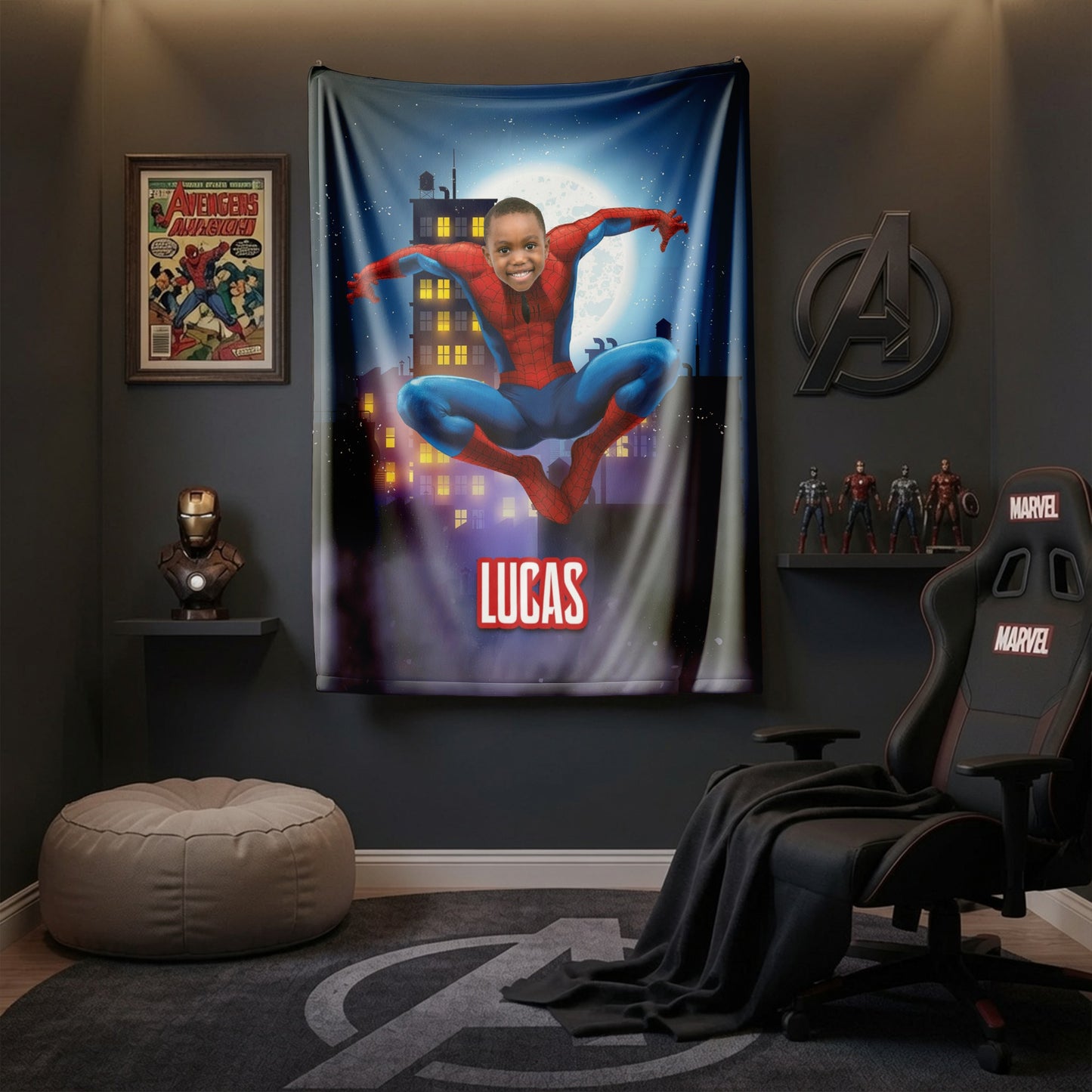 Personalized Spider Superhero Photo Blanket for Kids – Custom Face & Name Fleece Throw Gift