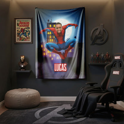 Personalized Spider Superhero Photo Blanket for Kids – Custom Face & Name Fleece Throw Gift