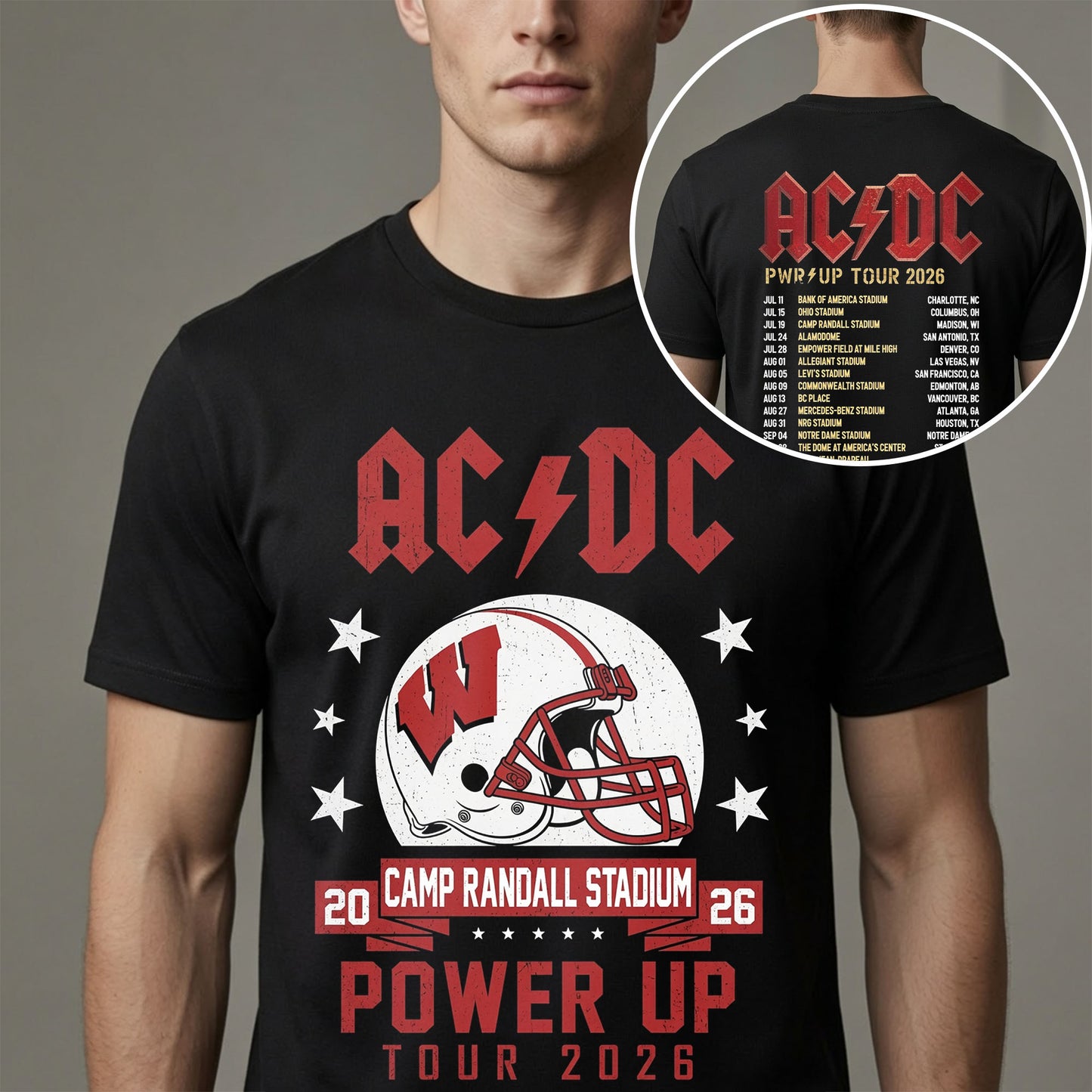 AC/DC Wisconsin Badgers Camp Randall Stadium Power Up Tour 2026 Fan T-Shirt