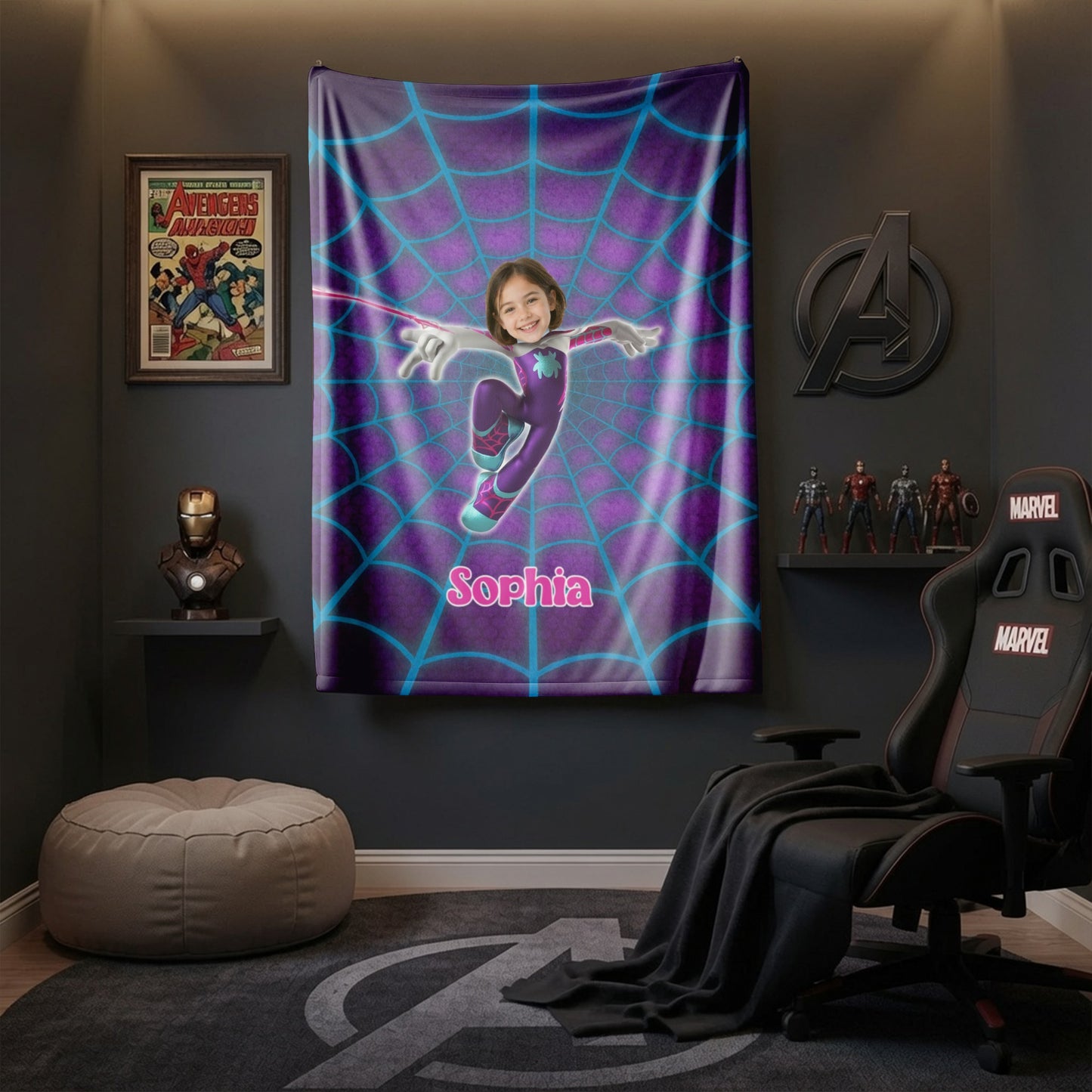Personalized Spider Girl Photo Blanket - Custom Superhero Face Blanket for Girls