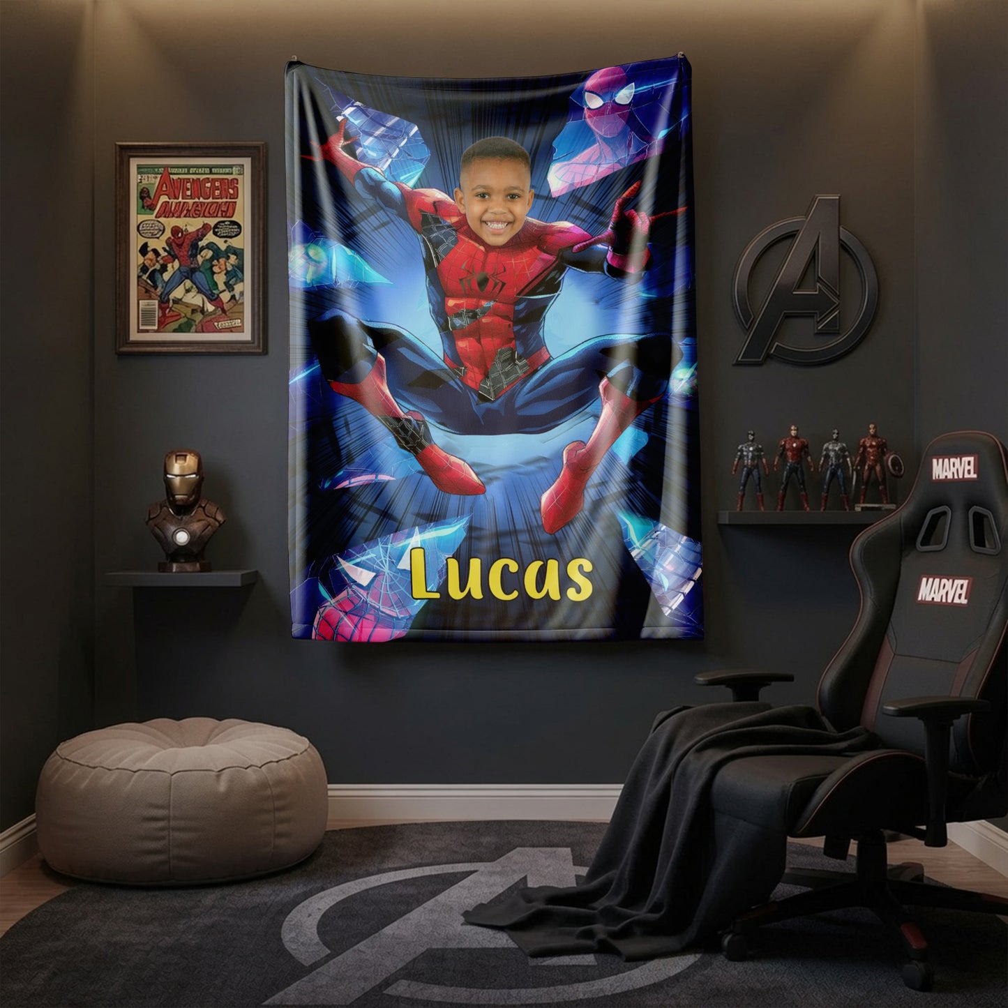 Personalized Spider Hero Blanket with Photo - Custom Kids Superhero Fleece Blanket