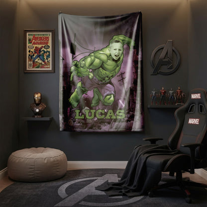 Personalized Hulk Photo Blanket for Kids – Custom Name Superhero Fleece Throw Gift