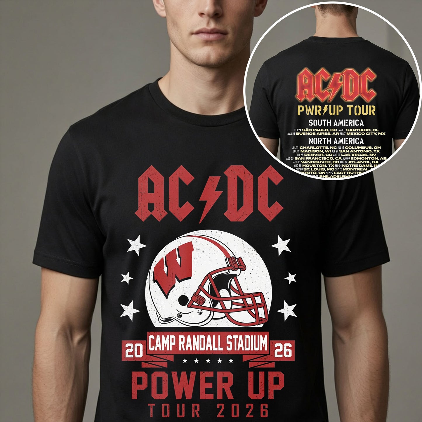 AC/DC x Wisconsin Badgers Power Up Tour 2026 Camp Randall Stadium Graphic T-Shirt