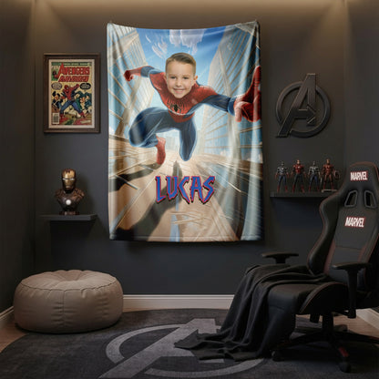 Personalized Spider Superhero Action Photo Blanket for Kids – Custom Face & Name Fleece Throw Gift
