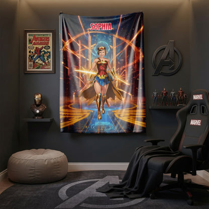 Personalized Superhero Girl Photo Blanket - Custom Face Wonder Hero Fleece Blanket