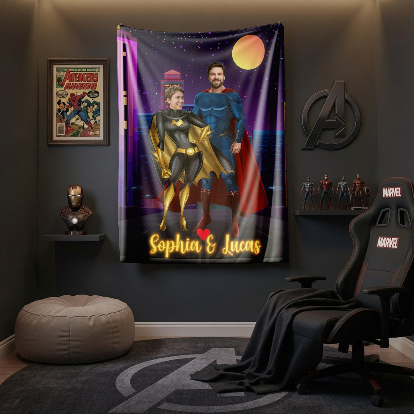 Personalized Superhero Couple Photo Blanket – Custom Two Faces & Names Fleece Throw Gift for Couples