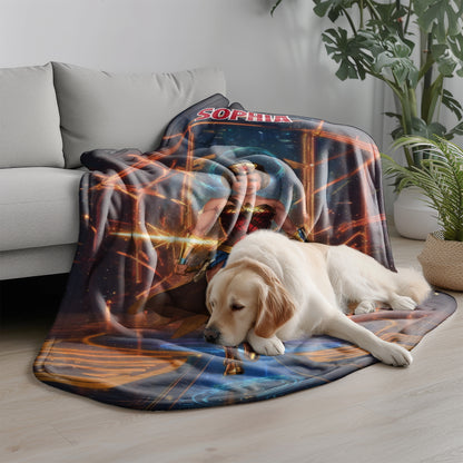 Personalized Superhero Girl Photo Blanket - Custom Face Wonder Hero Fleece Blanket
