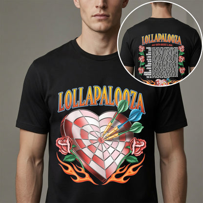 Lollapalooza 2026 Heart & Roses Festival Lineup T-Shirt - Chicago Concert Tee