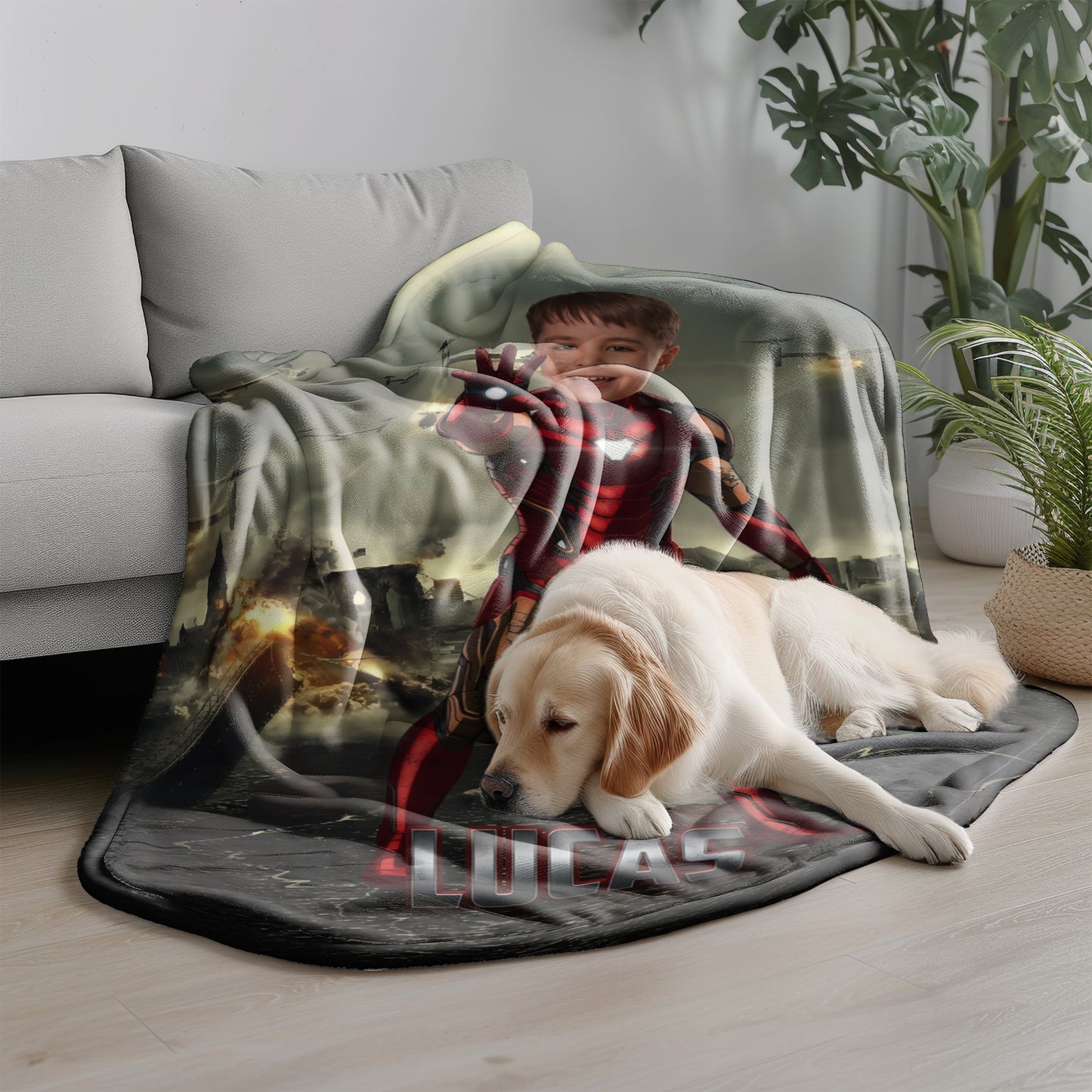 Personalized Iron Superhero Photo Blanket for Kids – Custom Face & Name Fleece Throw Gift
