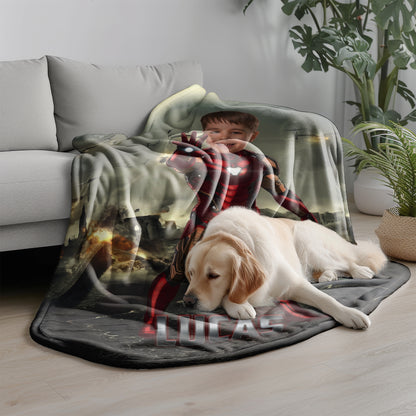 Personalized Iron Superhero Photo Blanket for Kids – Custom Face & Name Fleece Throw Gift
