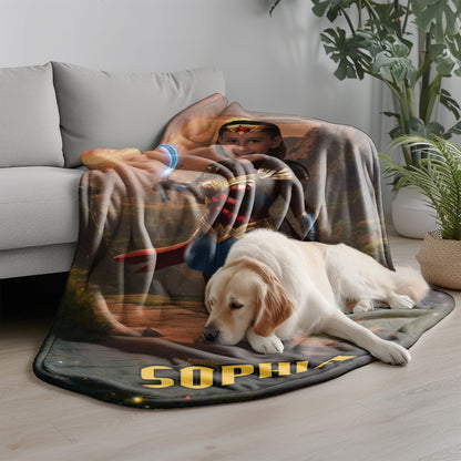 Personalized Wonder Woman Blanket Custom Photo Superhero Throw Blanket for Girls