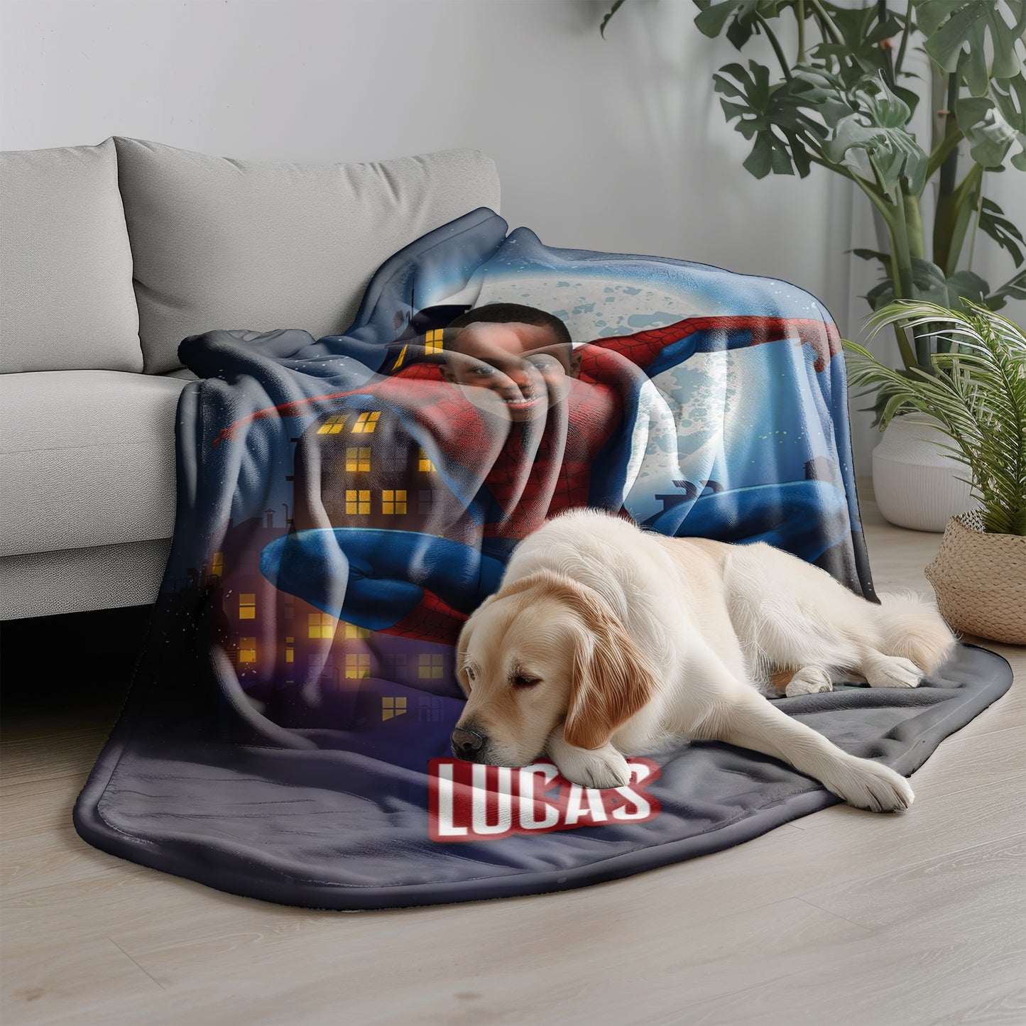 Personalized Spider Superhero Photo Blanket for Kids – Custom Face & Name Fleece Throw Gift
