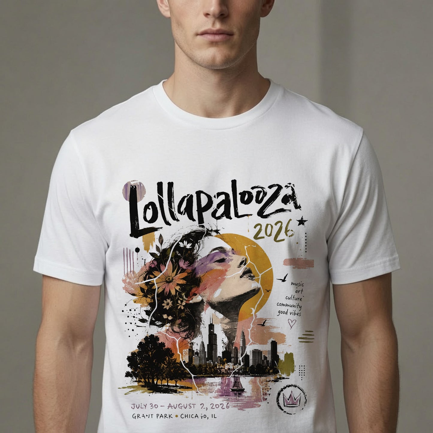 Lollapalooza 2026 Chicago Skyline Art T-Shirt – Music Festival Aesthetic Graphic Tee