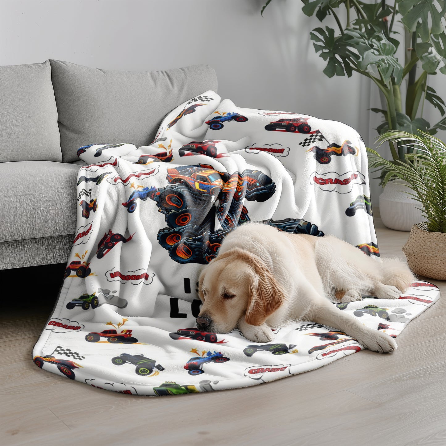 Personalized Monster Truck Blanket for Boys - Custom Name Truck Blanket
