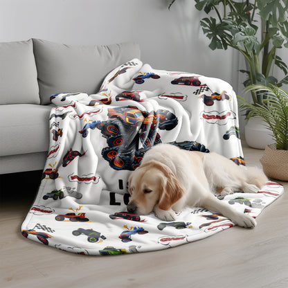 Personalized Monster Truck Blanket for Boys - Custom Name Truck Blanket