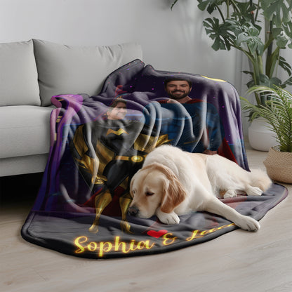 Personalized Superhero Couple Photo Blanket – Custom Two Faces & Names Fleece Throw Gift for Couples