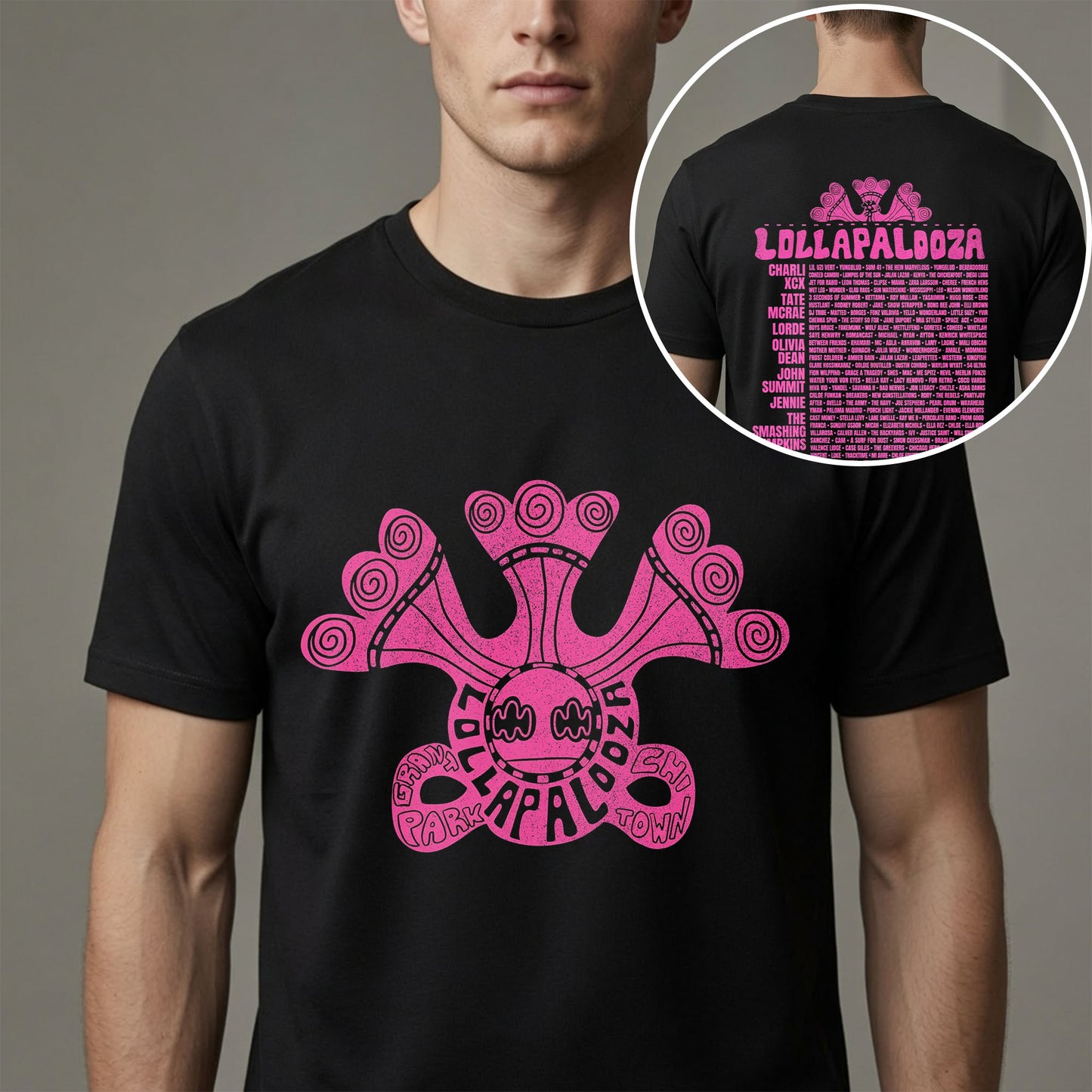 Lollapalooza 2026 Pink Retro Festival Lineup T-Shirt - Chicago Concert Merch