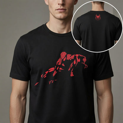 Minimalist Spider Hero Front Back T-Shirt – Red Silhouette Comic Graphic Tee