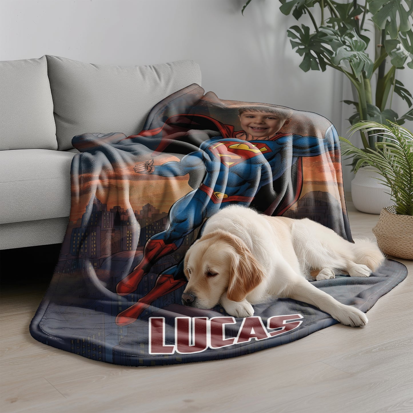 Personalized Superhero Flying Photo Blanket for Kids – Custom Face & Name Fleece Throw Gift