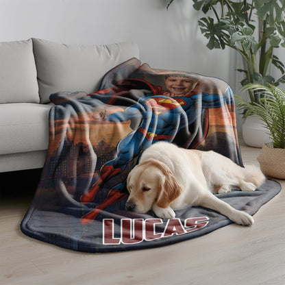 Personalized Superhero Flying Photo Blanket for Kids – Custom Face & Name Fleece Throw Gift