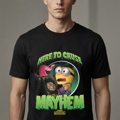 Here to Cause Mayhem Funny Halloween Minion Inspired T-Shirt