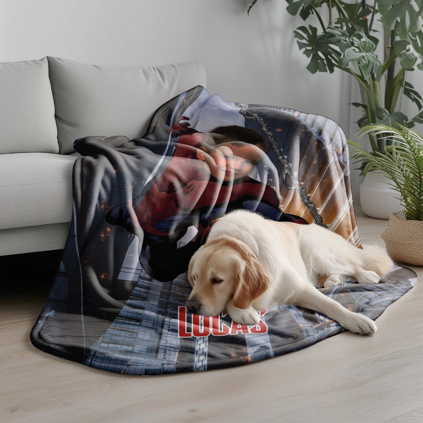 Personalized Spider Superhero Swing Photo Blanket for Kids – Custom Face & Name Fleece Throw Gift