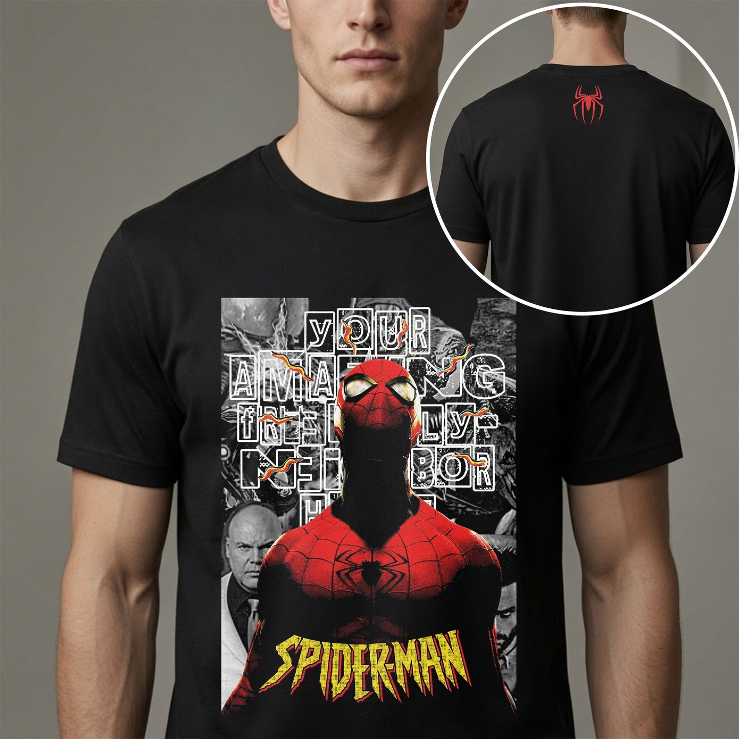 Spider Hero Front and Back Graphic T-Shirt – Vintage Comic Style Superhero Tee