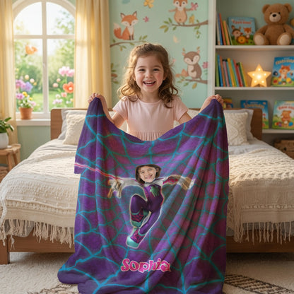 Personalized Spider Girl Photo Blanket - Custom Superhero Face Blanket for Girls