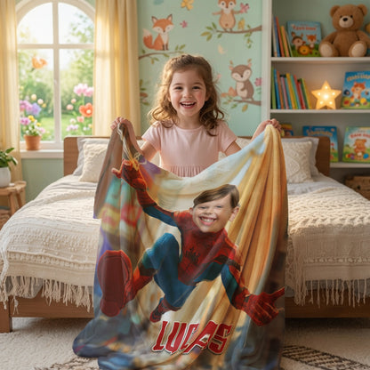 Personalized Spider Superhero Web-Swing Photo Blanket for Kids