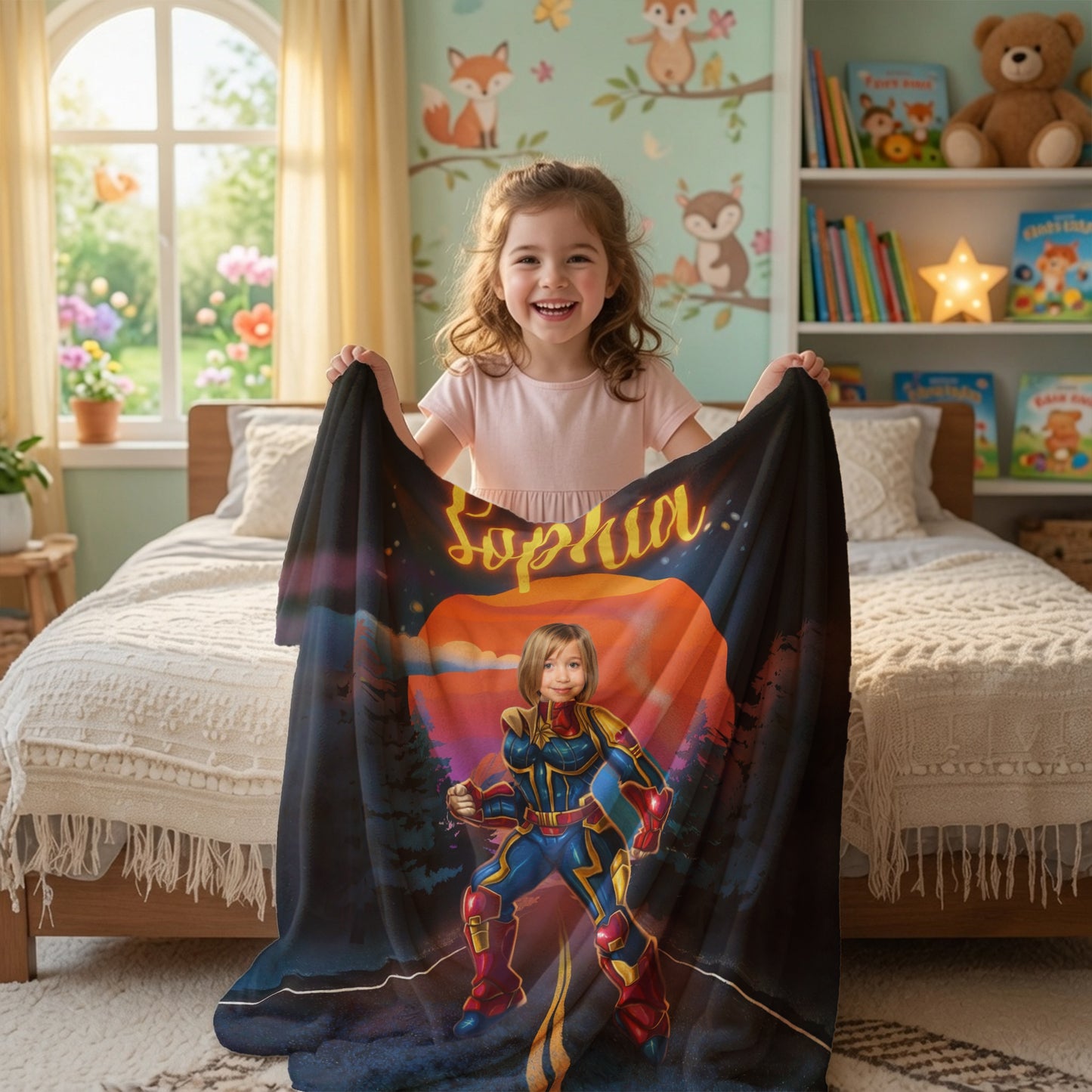Personalized Superhero Girl Photo Blanket - Custom Face Hero Blanket for Girls