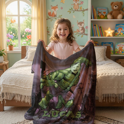 Personalized Hulk Photo Blanket for Kids – Custom Name Superhero Fleece Throw Gift