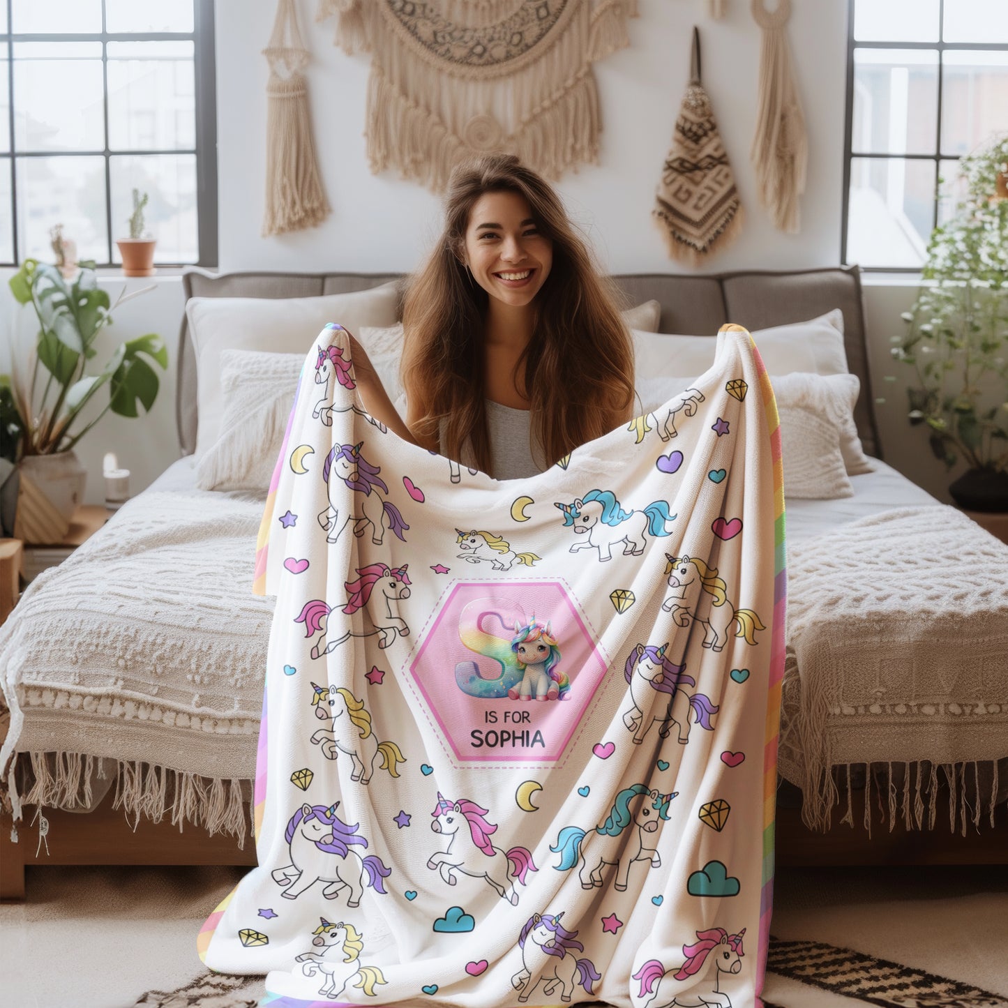 Personalized Unicorn Blanket for Girls - Custom Name Unicorn Throw Blanket