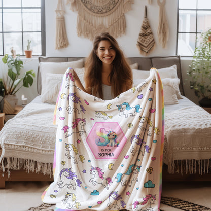 Personalized Unicorn Blanket for Girls - Custom Name Unicorn Throw Blanket