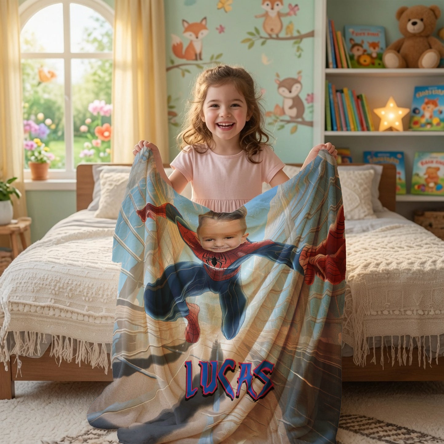 Personalized Spider Superhero Action Photo Blanket for Kids – Custom Face & Name Fleece Throw Gift