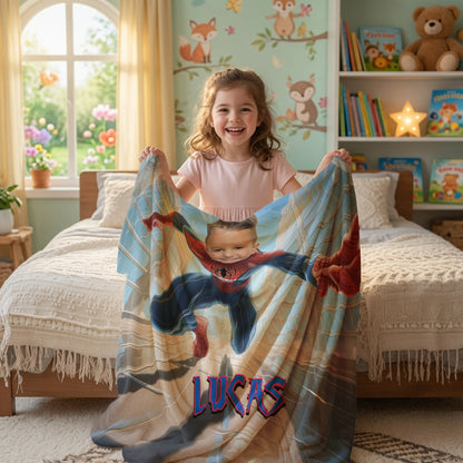 Personalized Spider Superhero Action Photo Blanket for Kids – Custom Face & Name Fleece Throw Gift