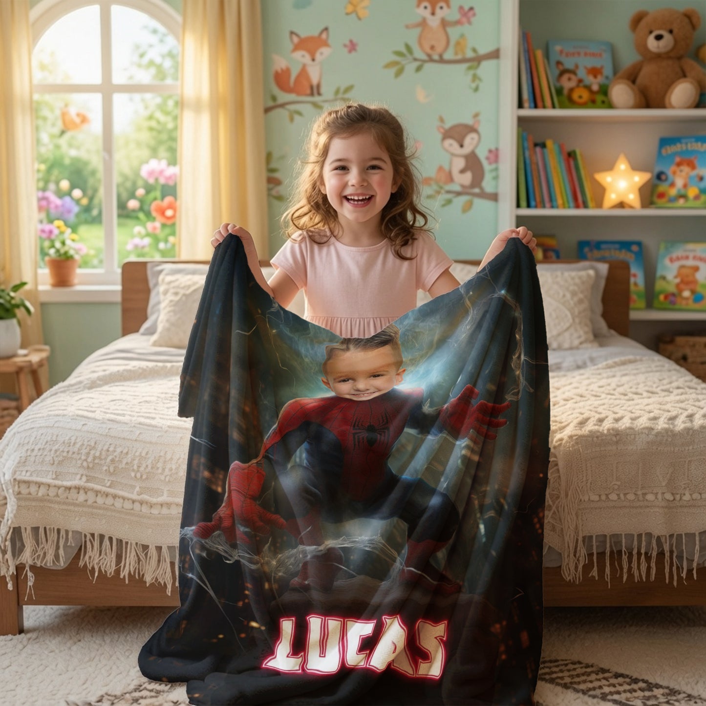 Personalized Spider Superhero Night Action Photo Blanket for Kids