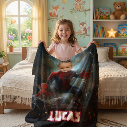 Personalized Spider Superhero Night Action Photo Blanket for Kids