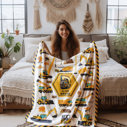 Personalized Construction Vehicle Blanket for Boys