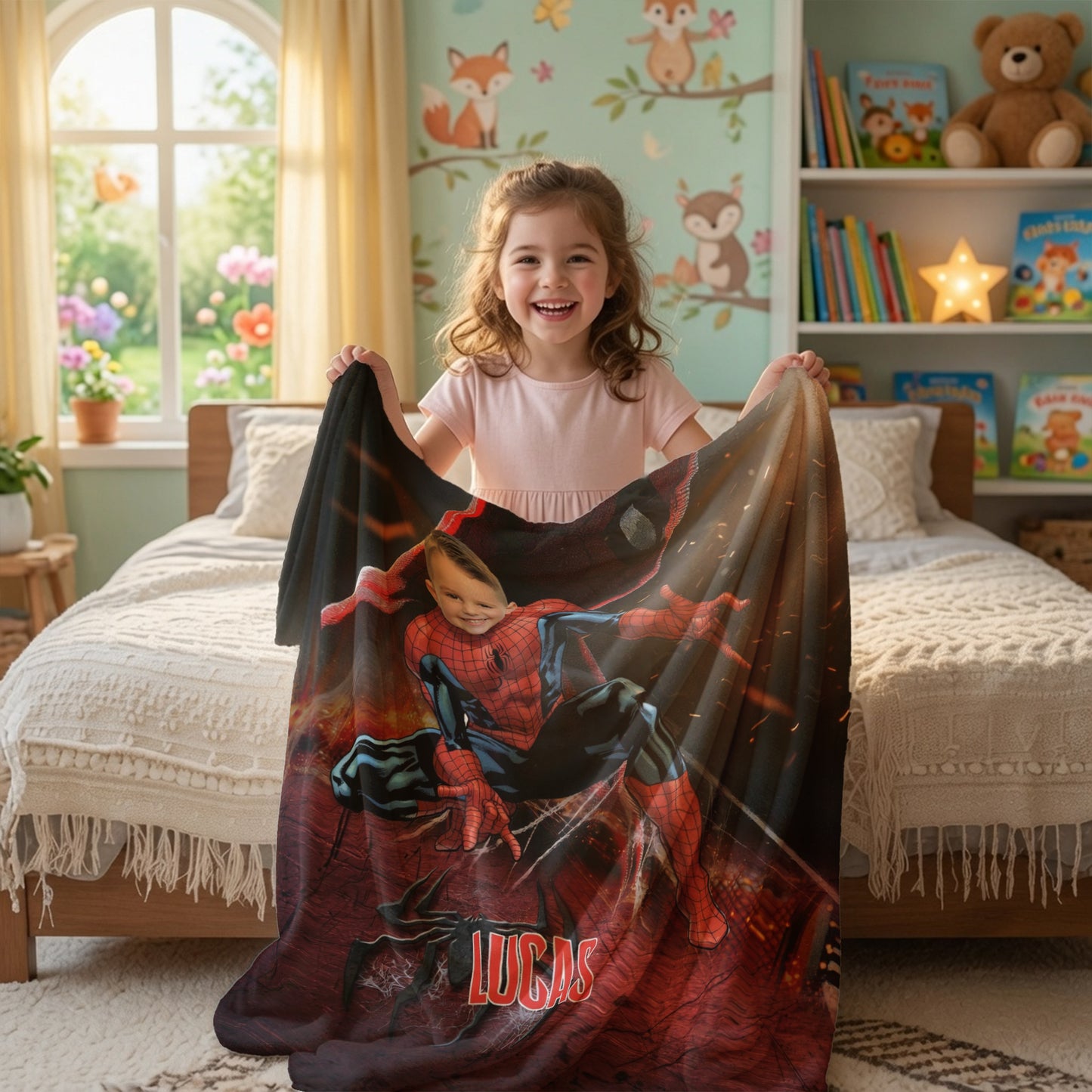 Personalized Spider Superhero Photo Blanket - Custom Face Hero Blanket for Boys